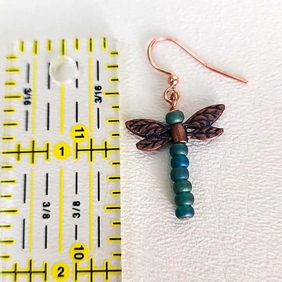 Copper & Iridescent Matte Green-Blue Dragonfly Dangle Earrings, Handmade - Picture 4 of 6